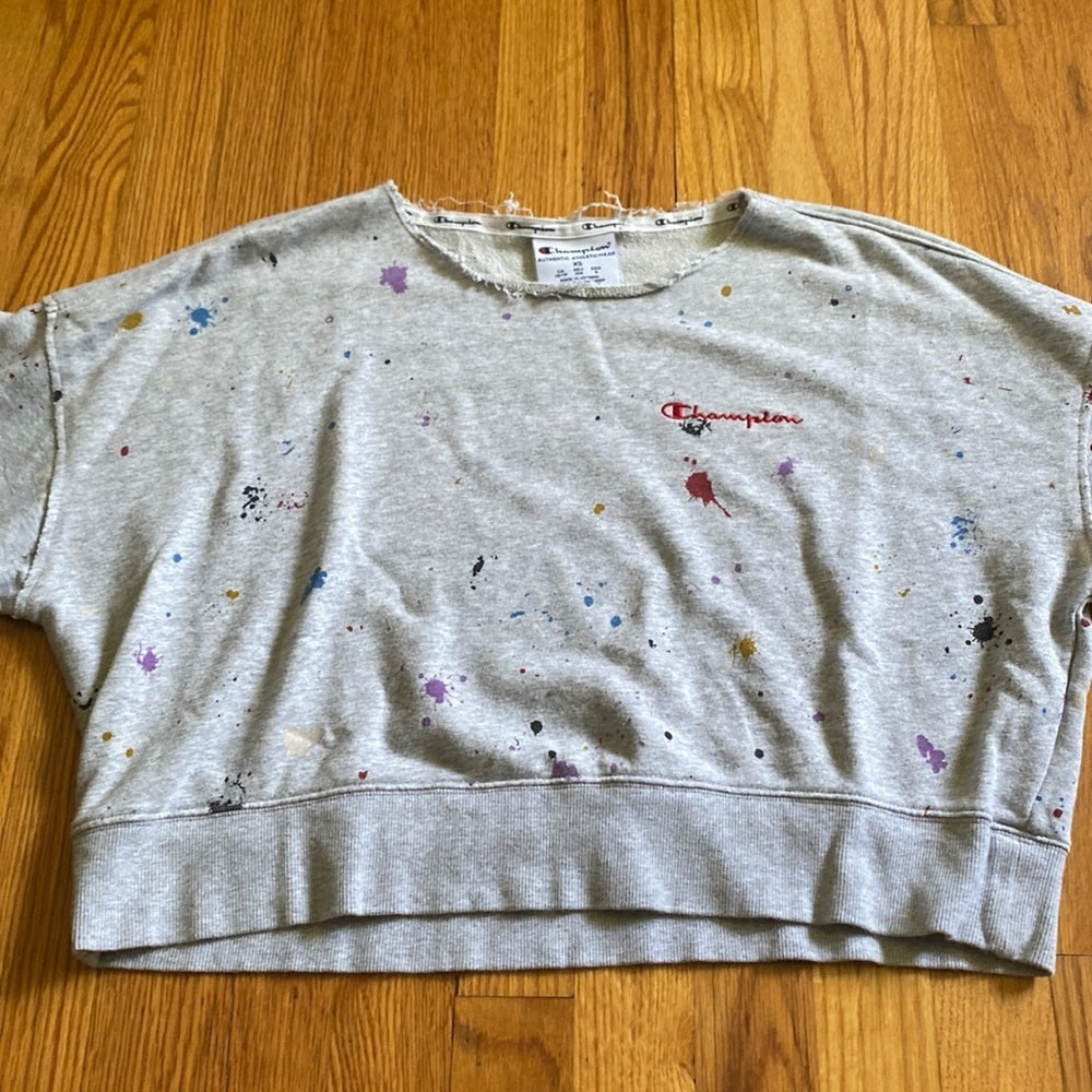 Champion paint splatter gray distressed sweatshirt size XS