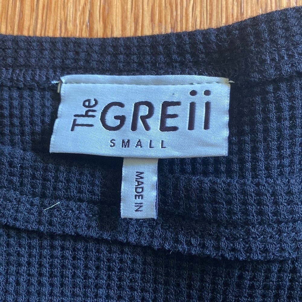 THE Greii black waffle long sleeve with heart patch size small
