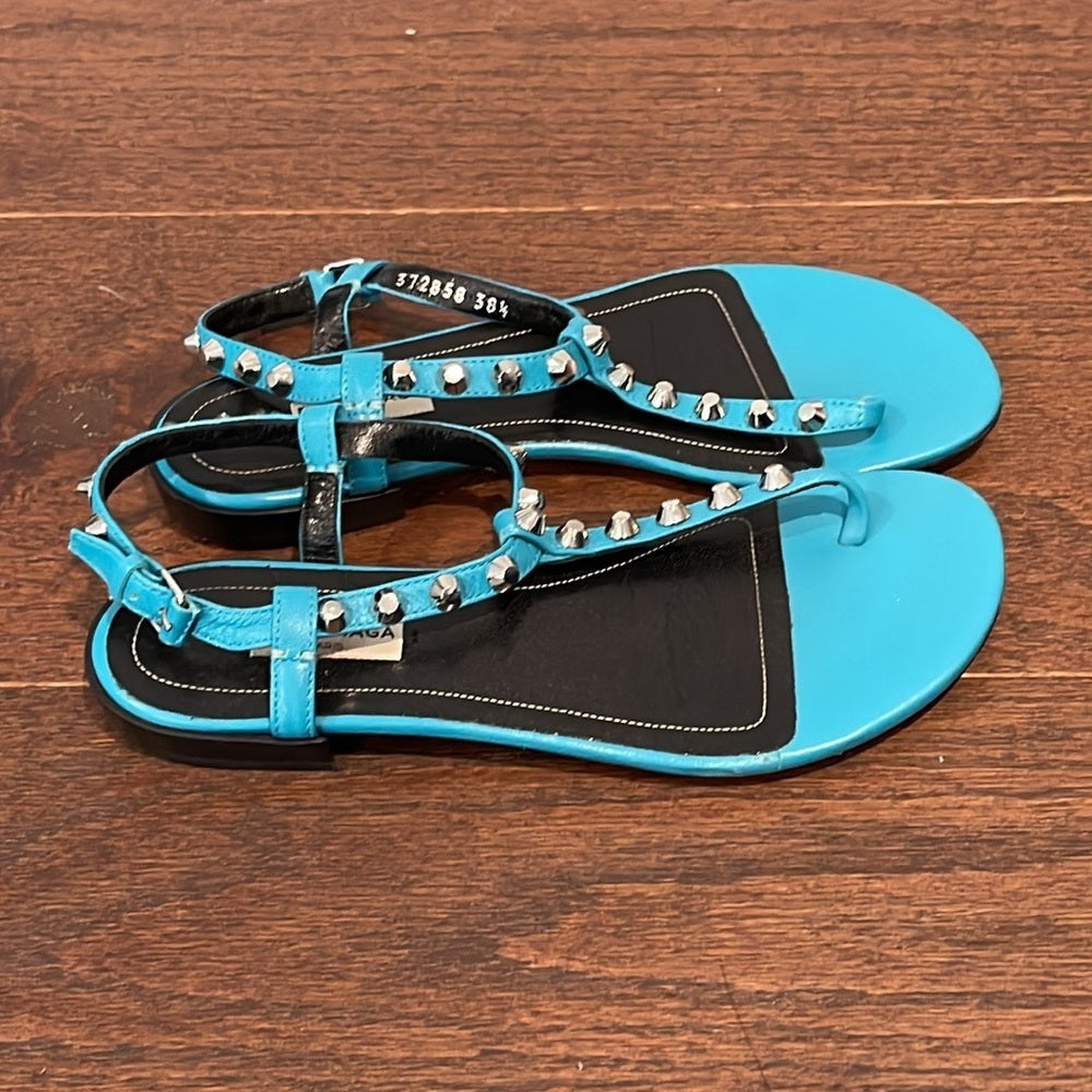 Balenciaga Giant Nickel Studded Leather Thong Sandal, Bleu Caraibe Size 38.5/8.5