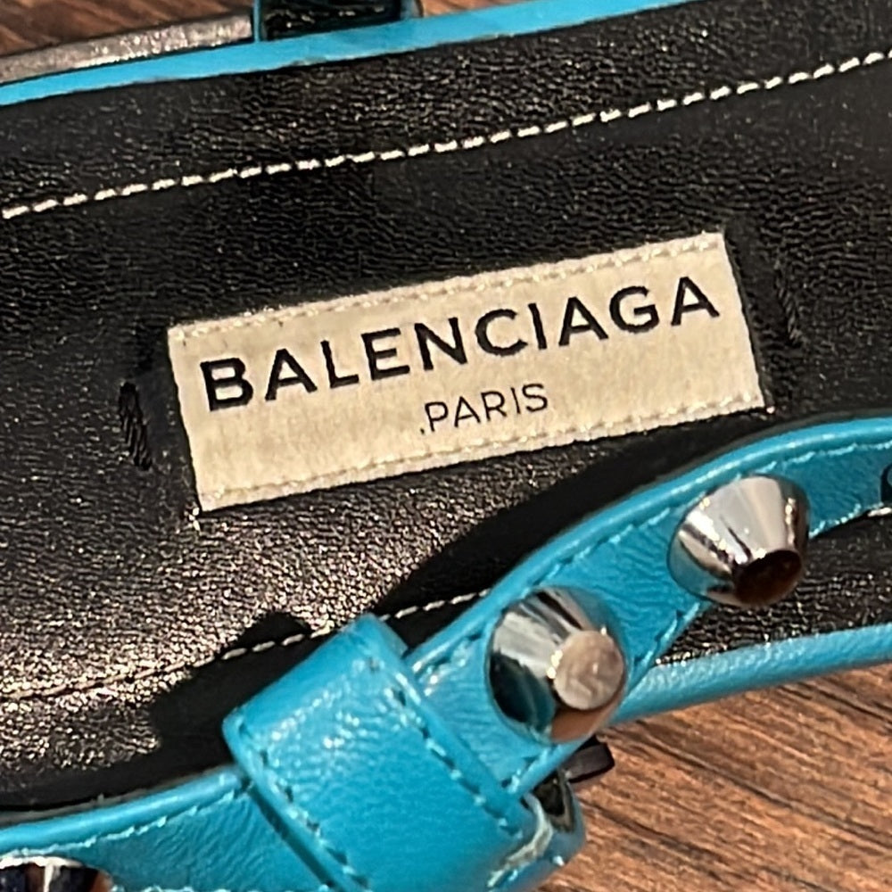 Balenciaga Giant Nickel Studded Leather Thong Sandal, Bleu Caraibe Size 38.5/8.5