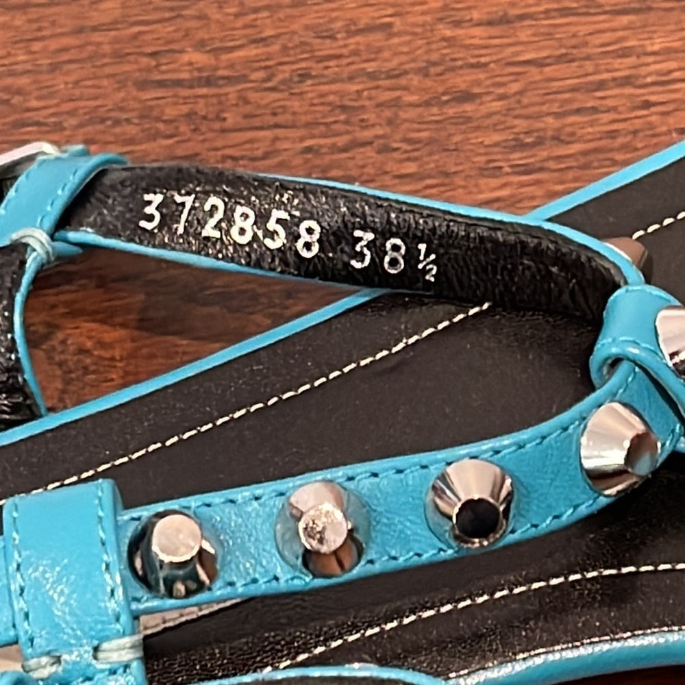 Balenciaga Giant Nickel Studded Leather Thong Sandal, Bleu Caraibe Size 38.5/8.5