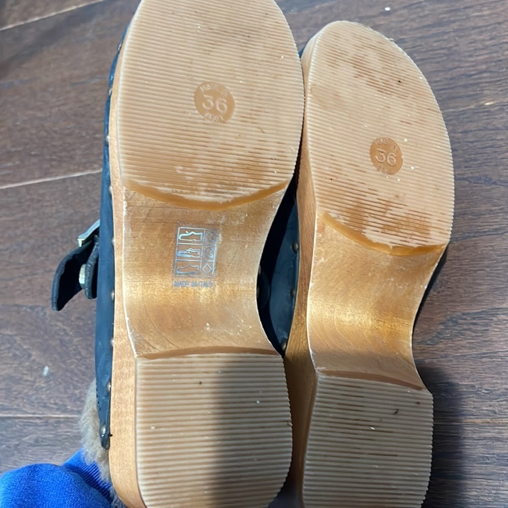 Re/Done Black Leather Classic 70s Shearling Clogs Size 36/6