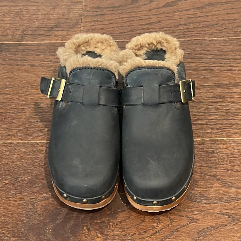 Re/Done Black Leather Classic 70s Shearling Clogs Size 36/6