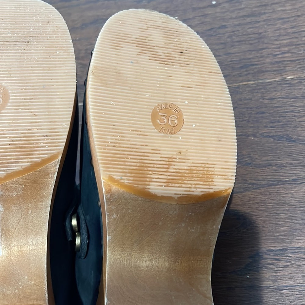 Re/Done Black Leather Classic 70s Shearling Clogs Size 36/6