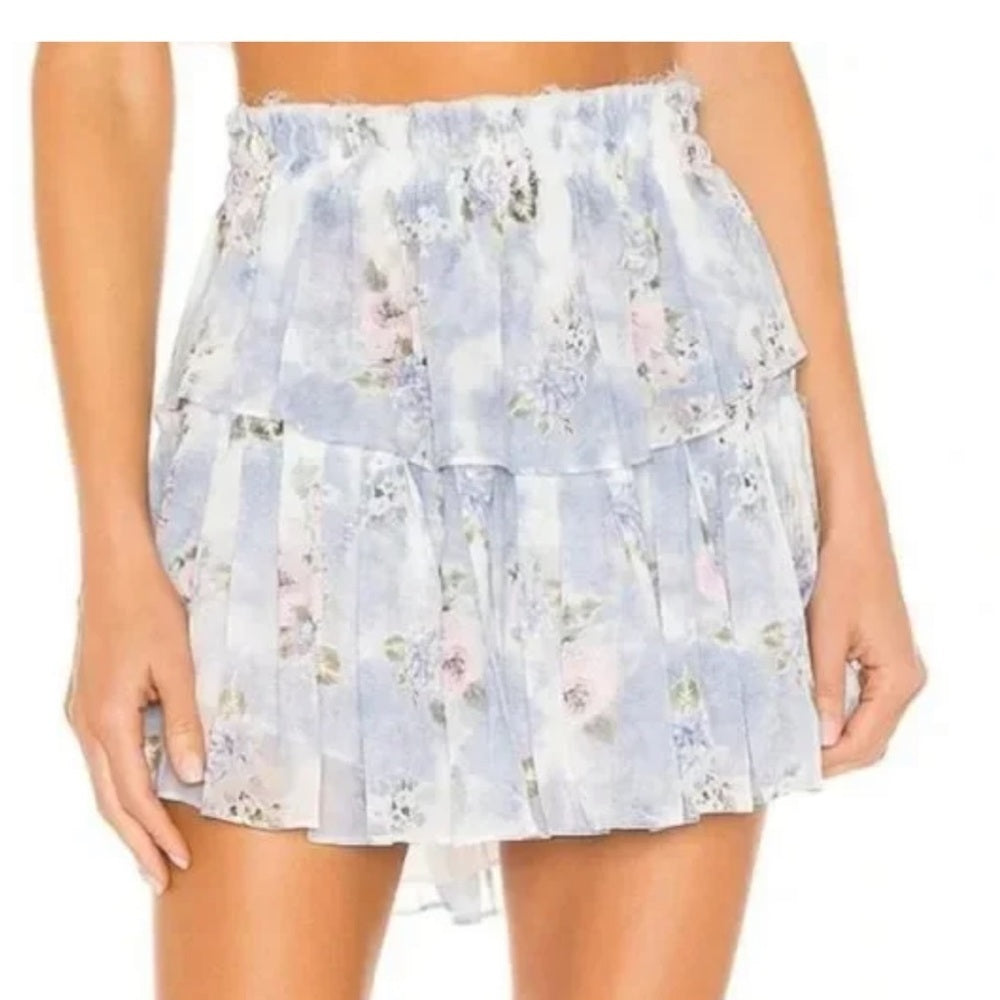 LoveShackFancy Woman’s Blue Floral Silk Skirt Size S