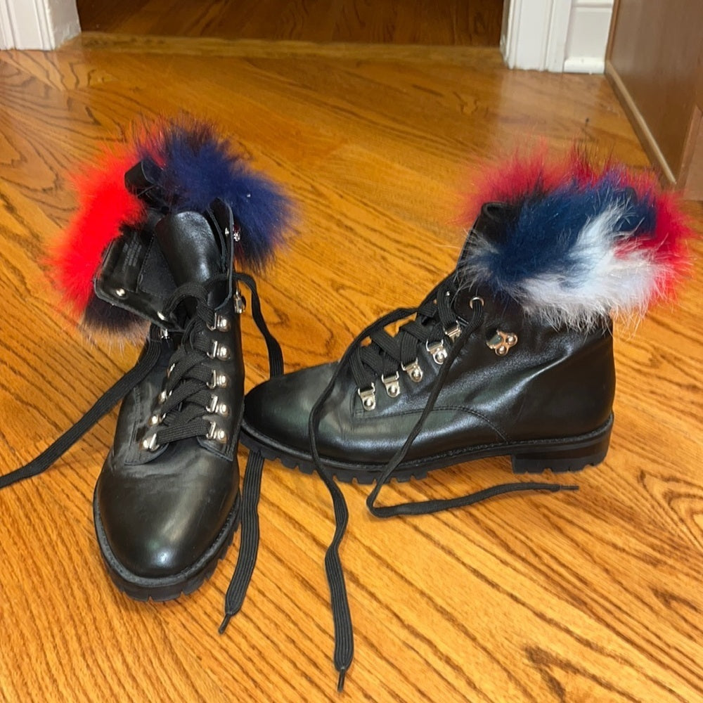 Rebecca Minkoff Black Leather & Real Fur Lace Boots Size 10M