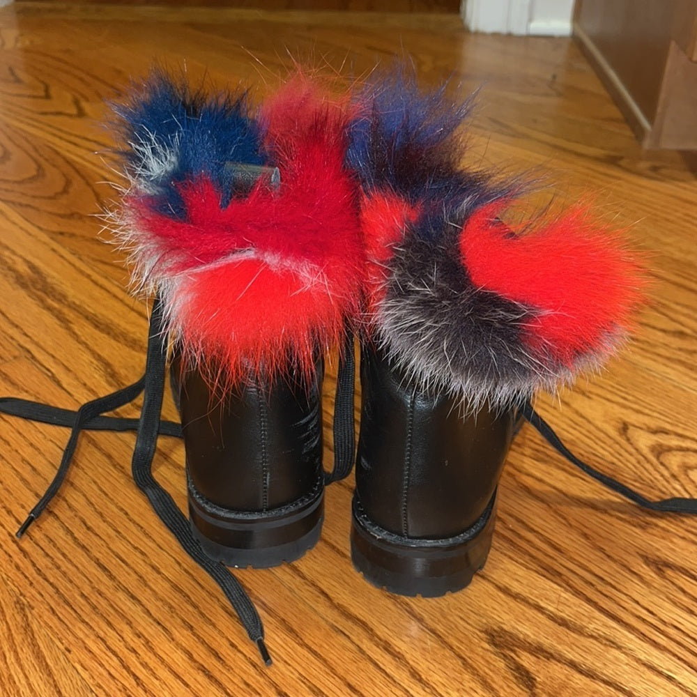Rebecca Minkoff Black Leather & Real Fur Lace Boots Size 10M