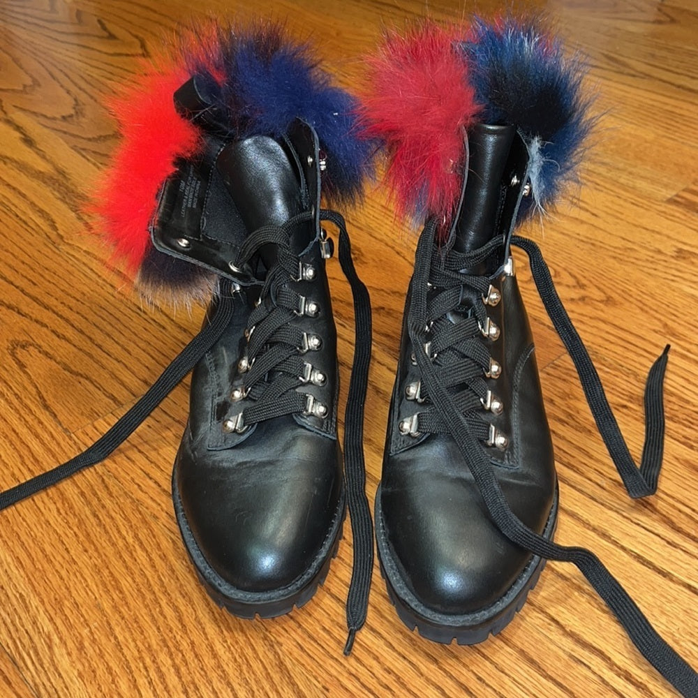 Rebecca Minkoff Black Leather & Real Fur Lace Boots Size 10M