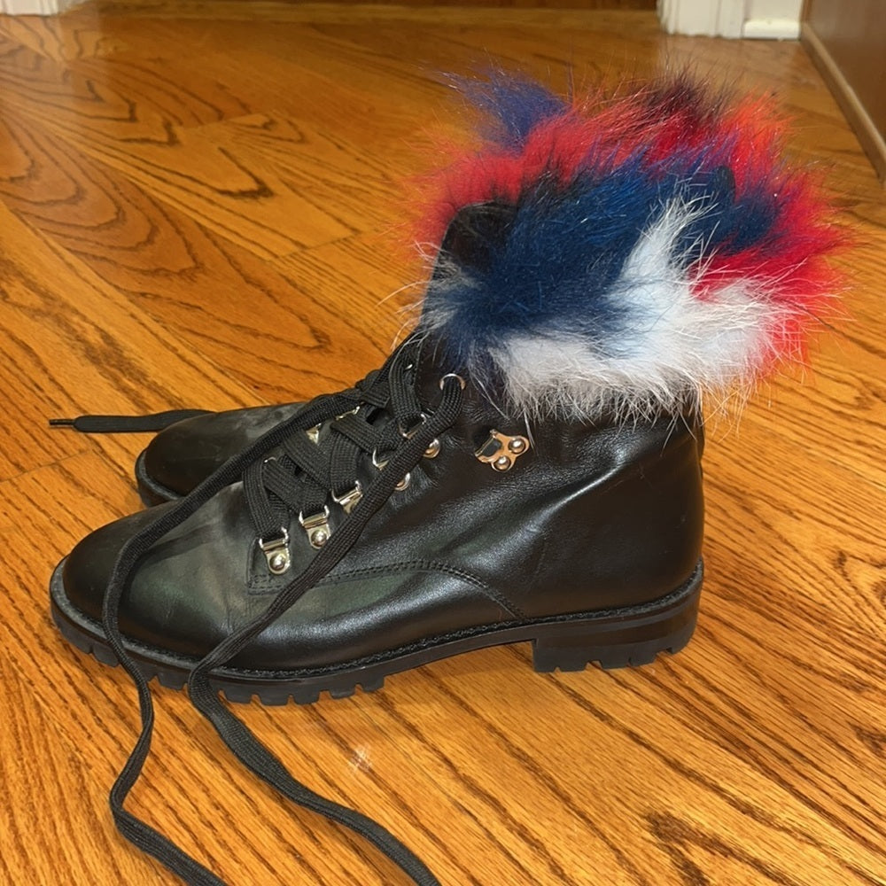 Rebecca Minkoff Black Leather & Real Fur Lace Boots Size 10M