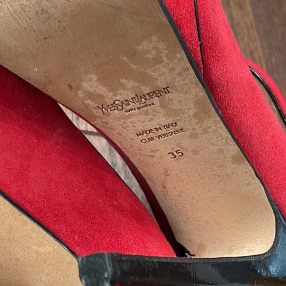 Yves Saint Laurent Red Suede Peep Toe Pumps Size 35/5