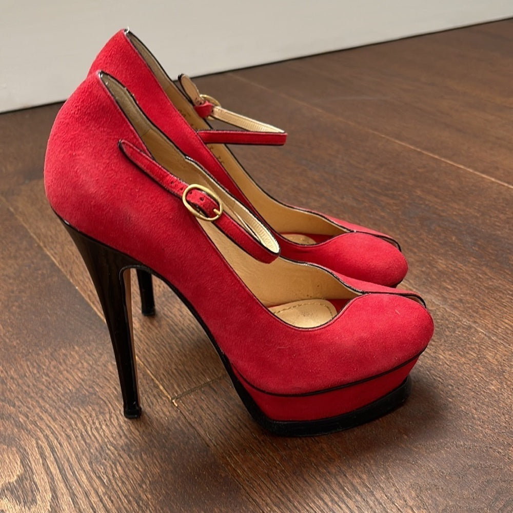 Yves Saint Laurent Red Suede Peep Toe Pumps Size 35/5
