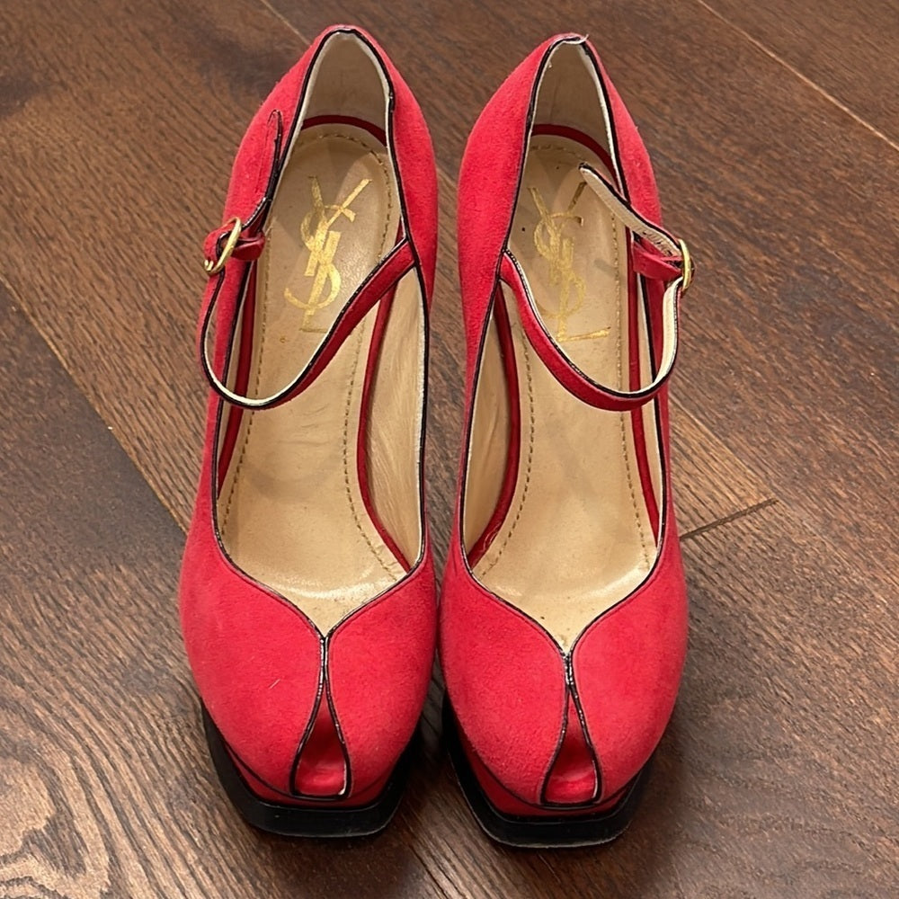 Yves Saint Laurent Red Suede Peep Toe Pumps Size 35/5