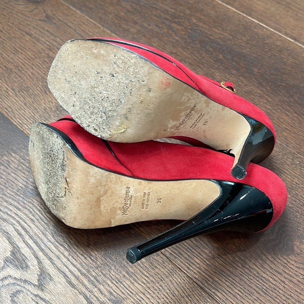 Yves Saint Laurent Red Suede Peep Toe Pumps Size 35/5