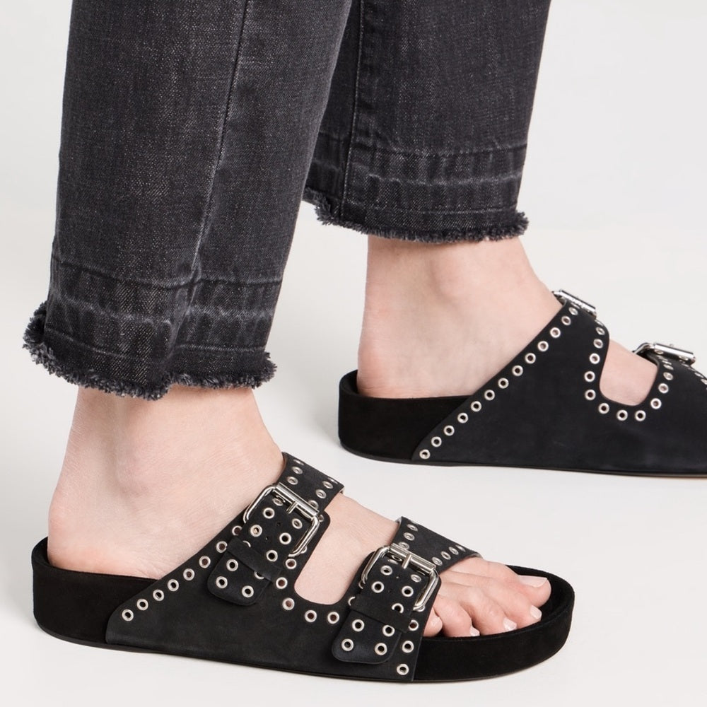 NWT Isabel Marant Lenny Black Calf Velvet Leather Sandals Size 37/7