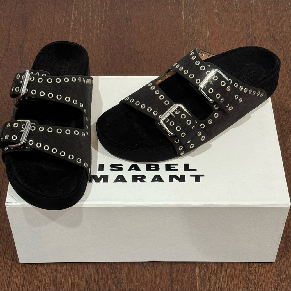 NWT Isabel Marant Lenny Black Calf Velvet Leather Sandals Size 37/7