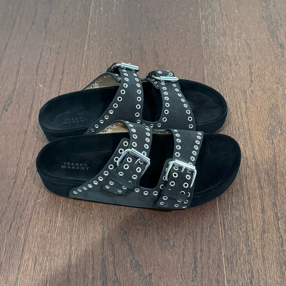 NWT Isabel Marant Lenny Black Calf Velvet Leather Sandals Size 37/7