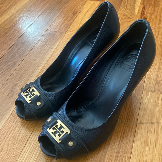 Tory Burch Black Leather Wedges With Gold Buckle Size 10