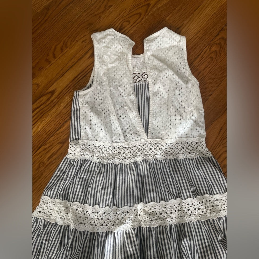 English Factory Lace Lined Striped White and Blue Dress Size Large
