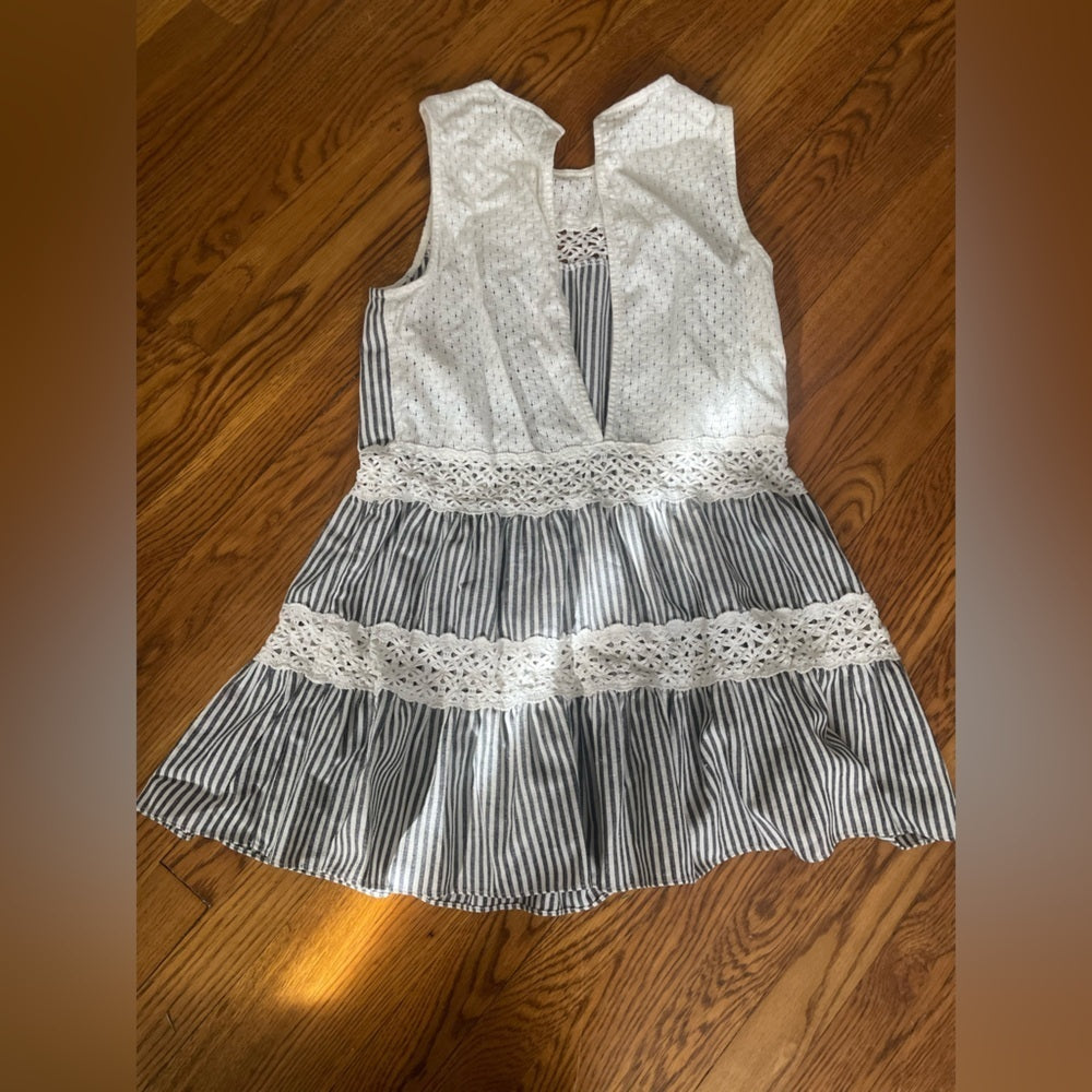 English Factory Lace Lined Striped White and Blue Dress Size Large
