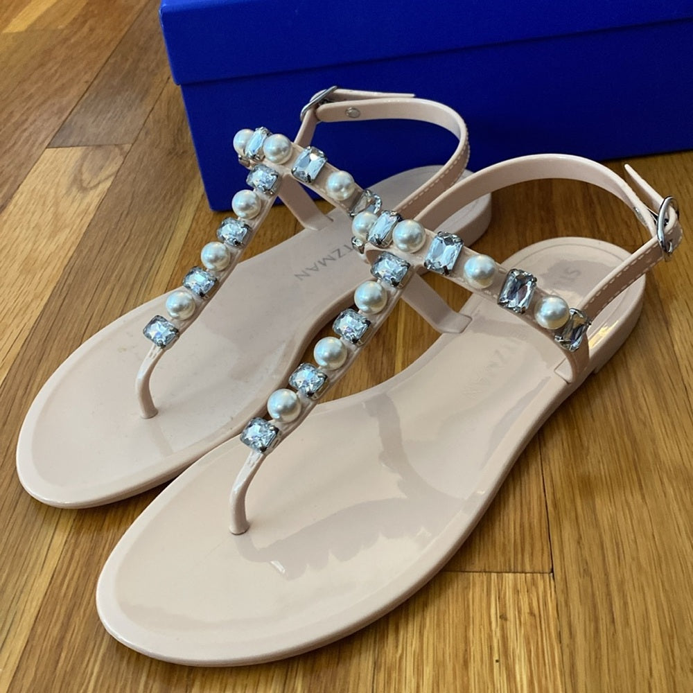 NWOT Stuart Weitzman Women’s Tan Jelly Sandals With Silver Crystals Size 9