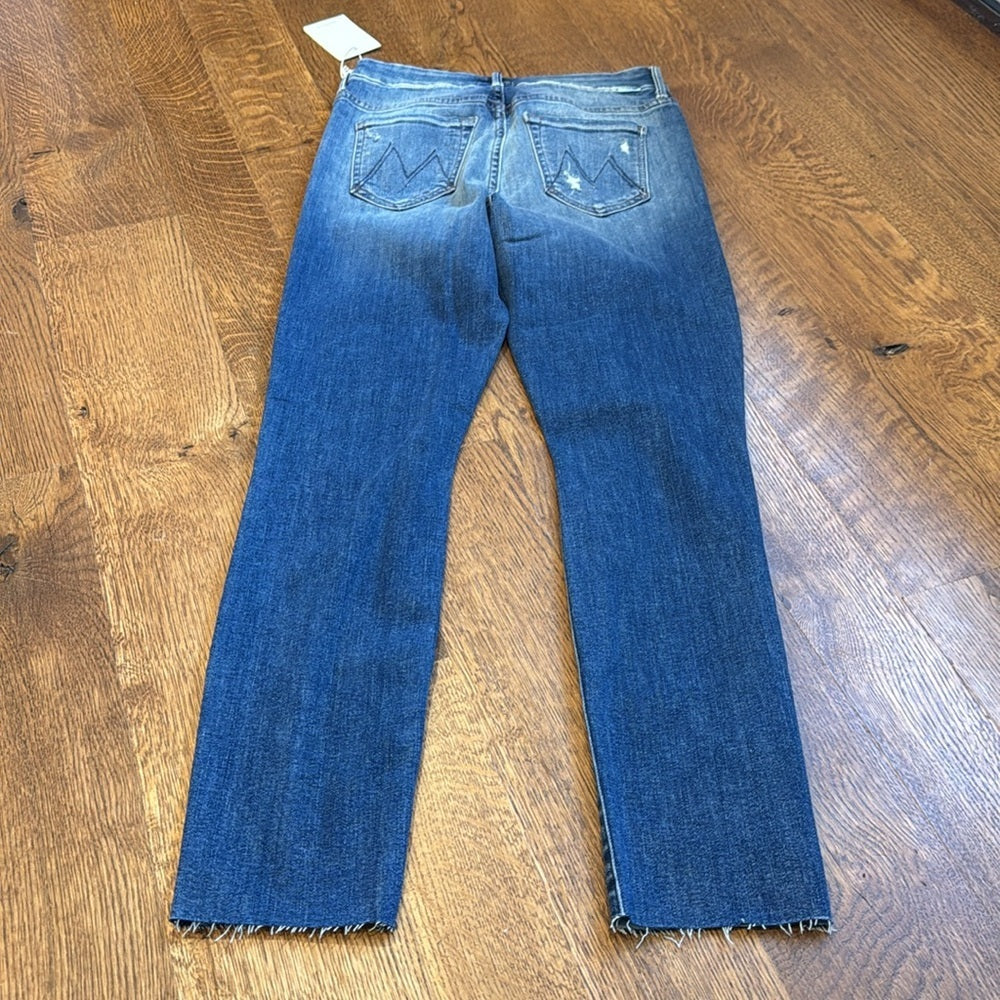 NWT Mother Women’s High Waisted Looker Ankle Fray Jeans Blue and White Size 25