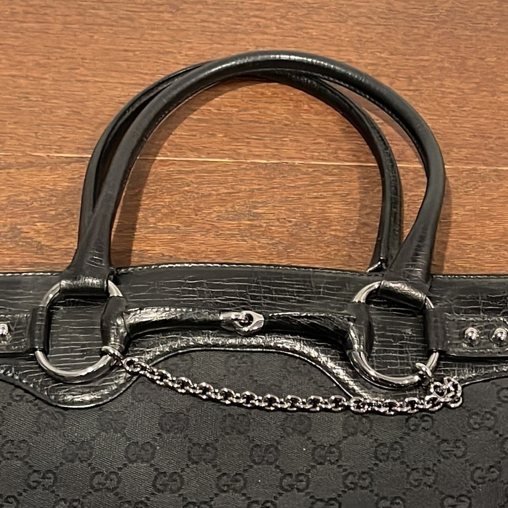 Gucci Black GG Canvas and Leather Horsebit Chain Tote