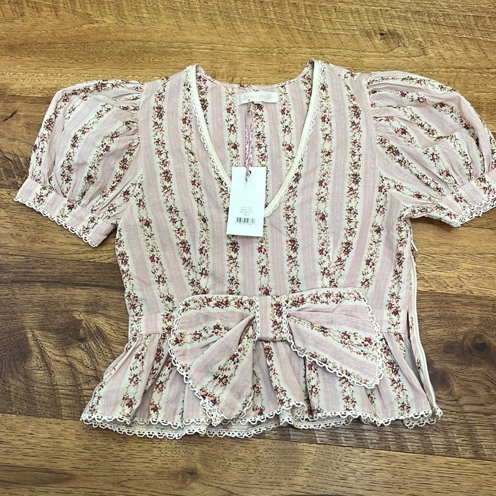 NWT LoveShackFancy Women’s Rikki Flowy Flower Print Cropped Top with Bow Size 0
