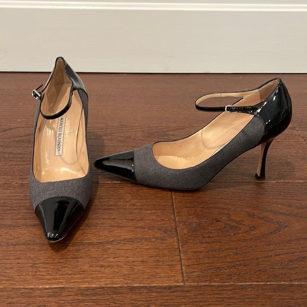Manolo Blahnik Women’s Grey and Black Patent Mary Jane Heels Size 41/11