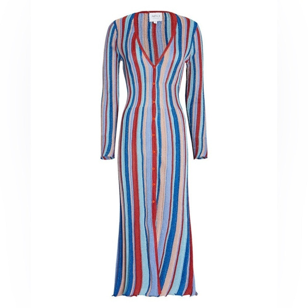 NWT Misa LA Women’s Rafael Metallic Rib Knit Midi Dress Sparkly Striped Size XS