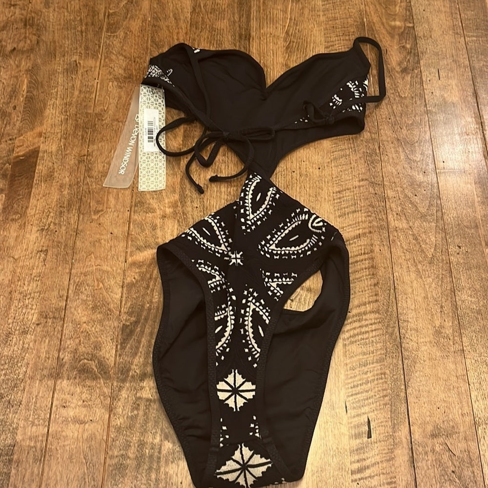 NWT Devon Windsor Women’s Black Printed Crochet One Piece with Cutouts Size S