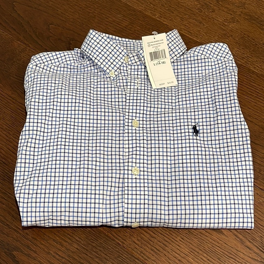 Nwt Ralph Lauren Blue and White Boys Button Down Size Large 14/16