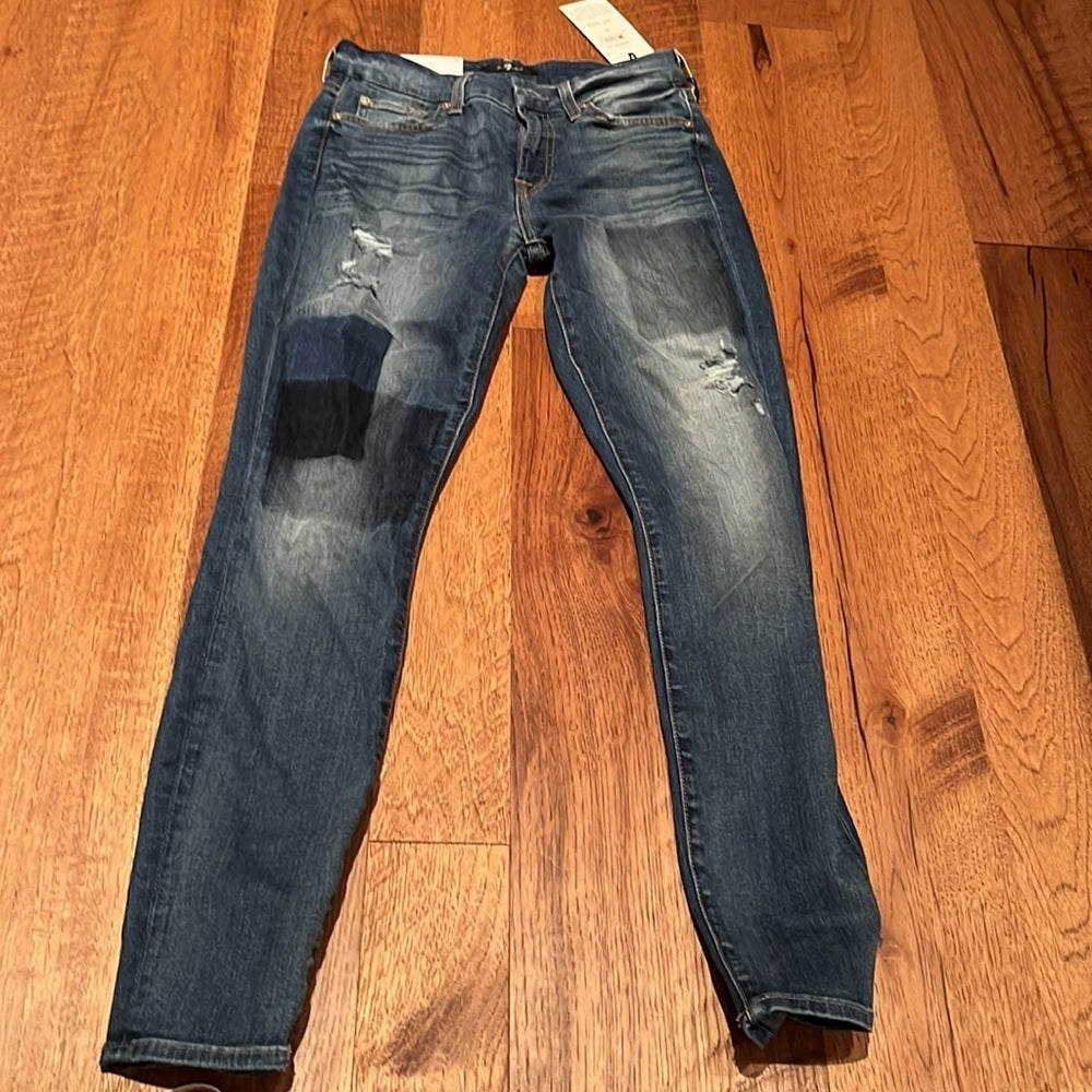 NWT 7 For All Mankind Women’s Super Skinny Ripped Jeans With Designs Size 26
