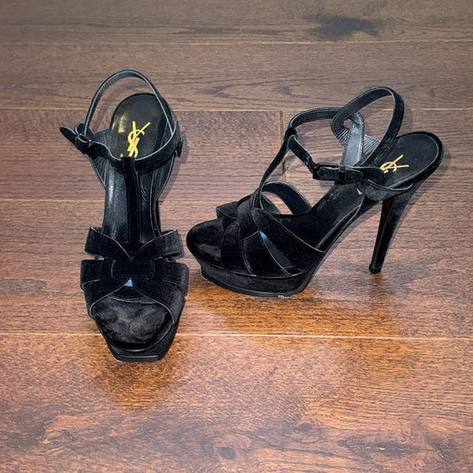 YSL Saint Laurent Black Velluto Master Velvet Tribute Platform Sandals Size 39/9