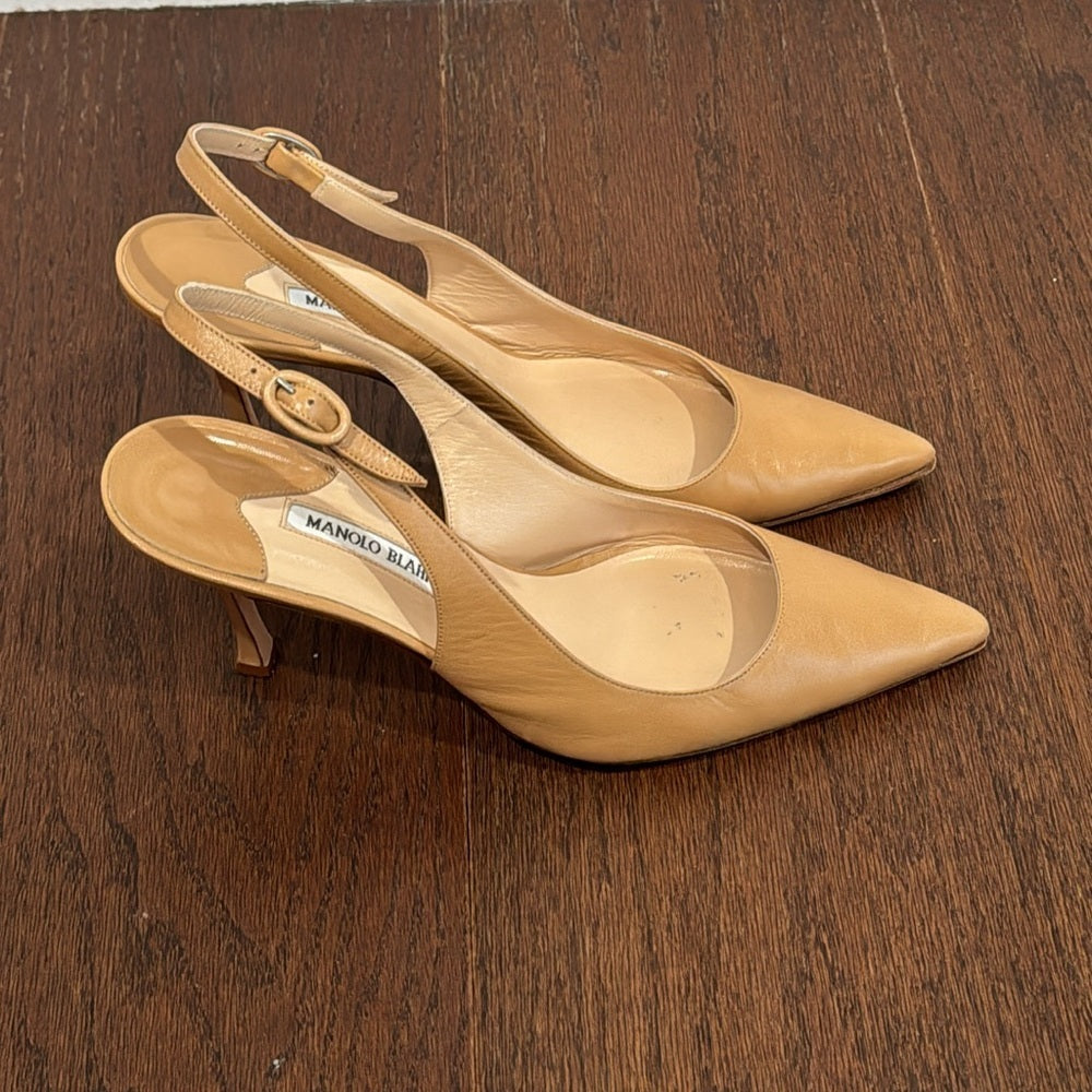 Manolo Blahnik Women’s Tan Sling Back Heels Size 40.5/10.5