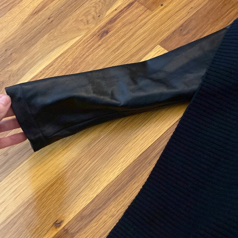 Bychance Women’s Black Wool Jacket With Leather Sleeves Size XS