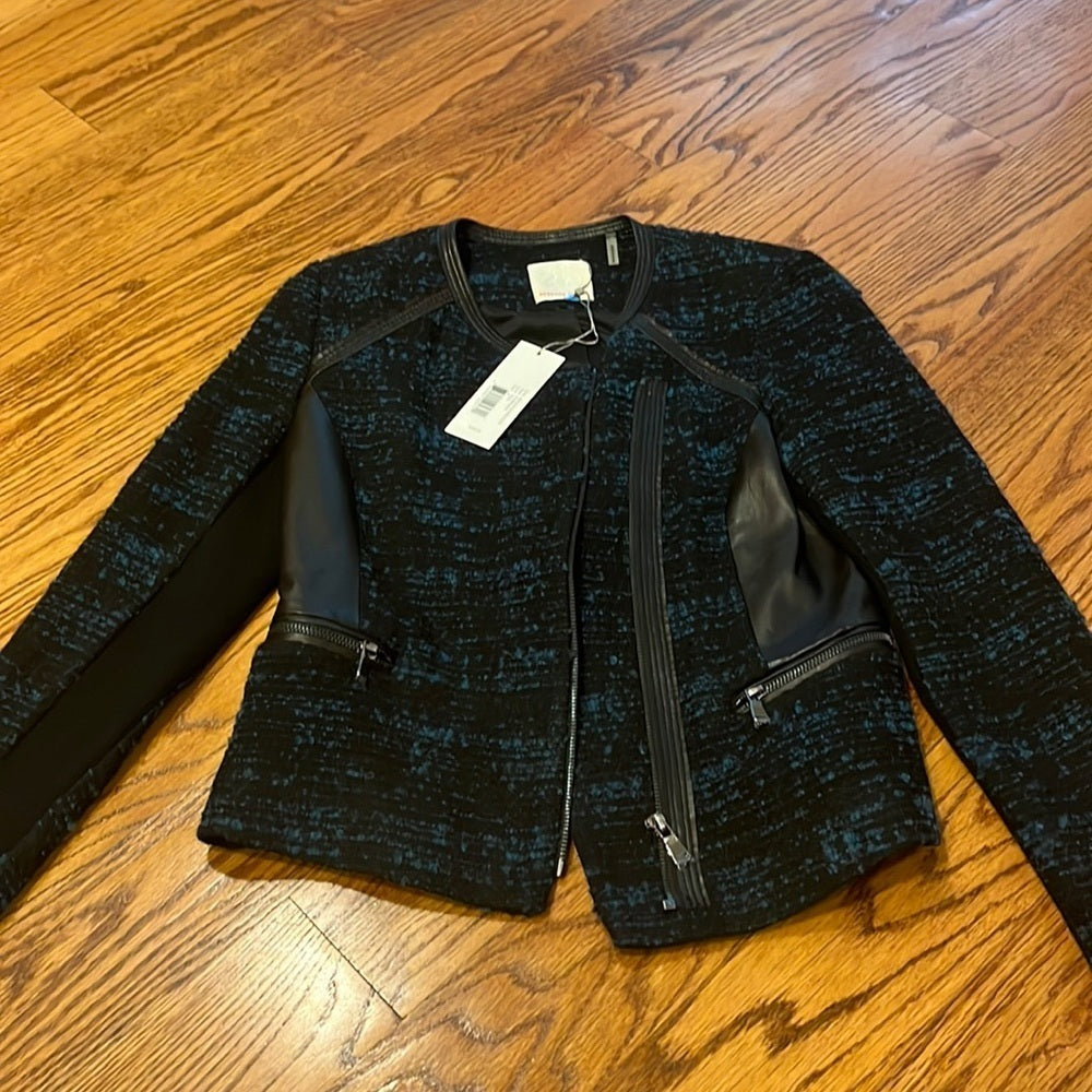 NWT Rebecca Taylor Woman’s Boucle & Leather Teal Blazer Size 4