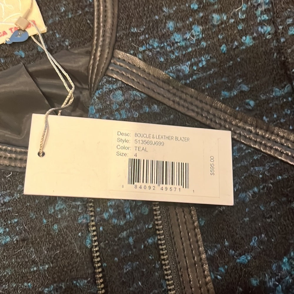 NWT Rebecca Taylor Woman’s Boucle & Leather Teal Blazer Size 4