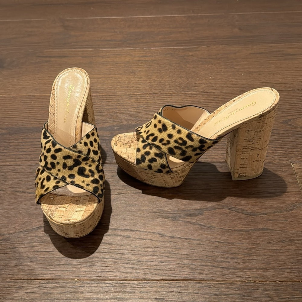 Gianvito Rossi Cassie Calf-Hair Crisscross Platform Sandals, Leopard Size 38/8