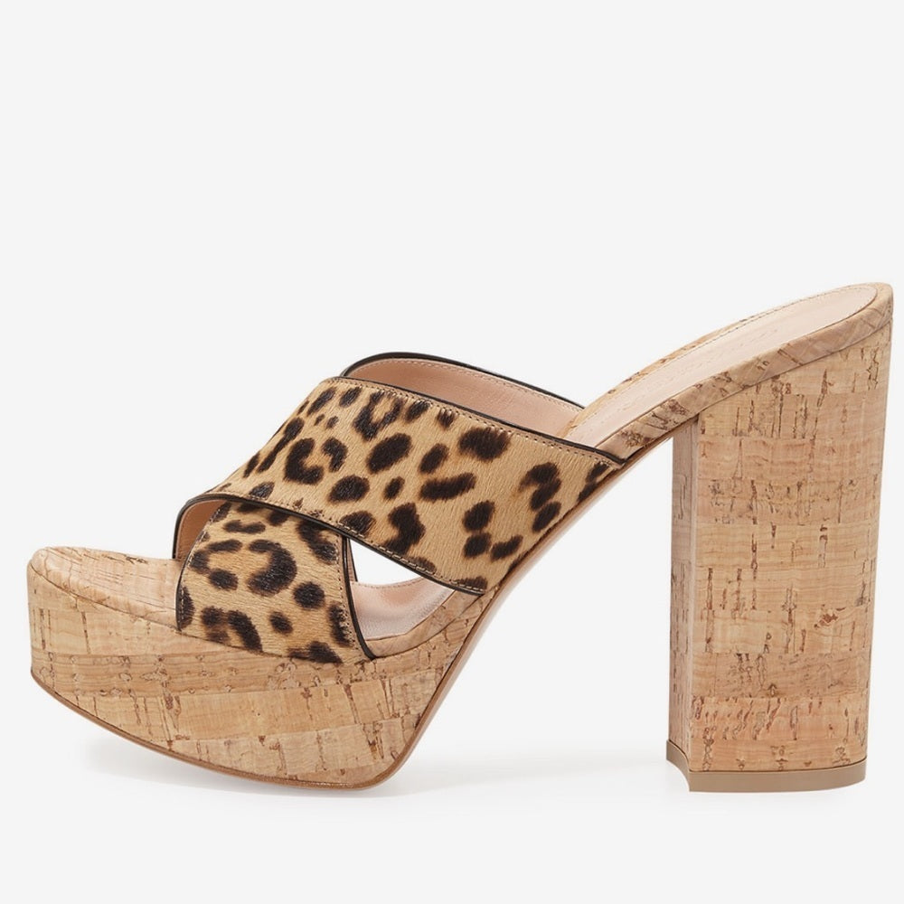 Gianvito Rossi Cassie Calf-Hair Crisscross Platform Sandals, Leopard Size 38/8