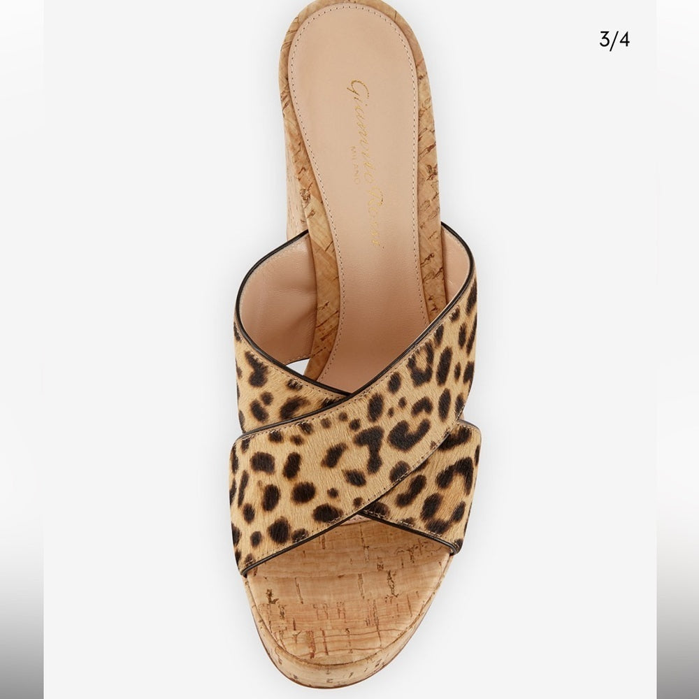 Gianvito Rossi Cassie Calf-Hair Crisscross Platform Sandals, Leopard Size 38/8