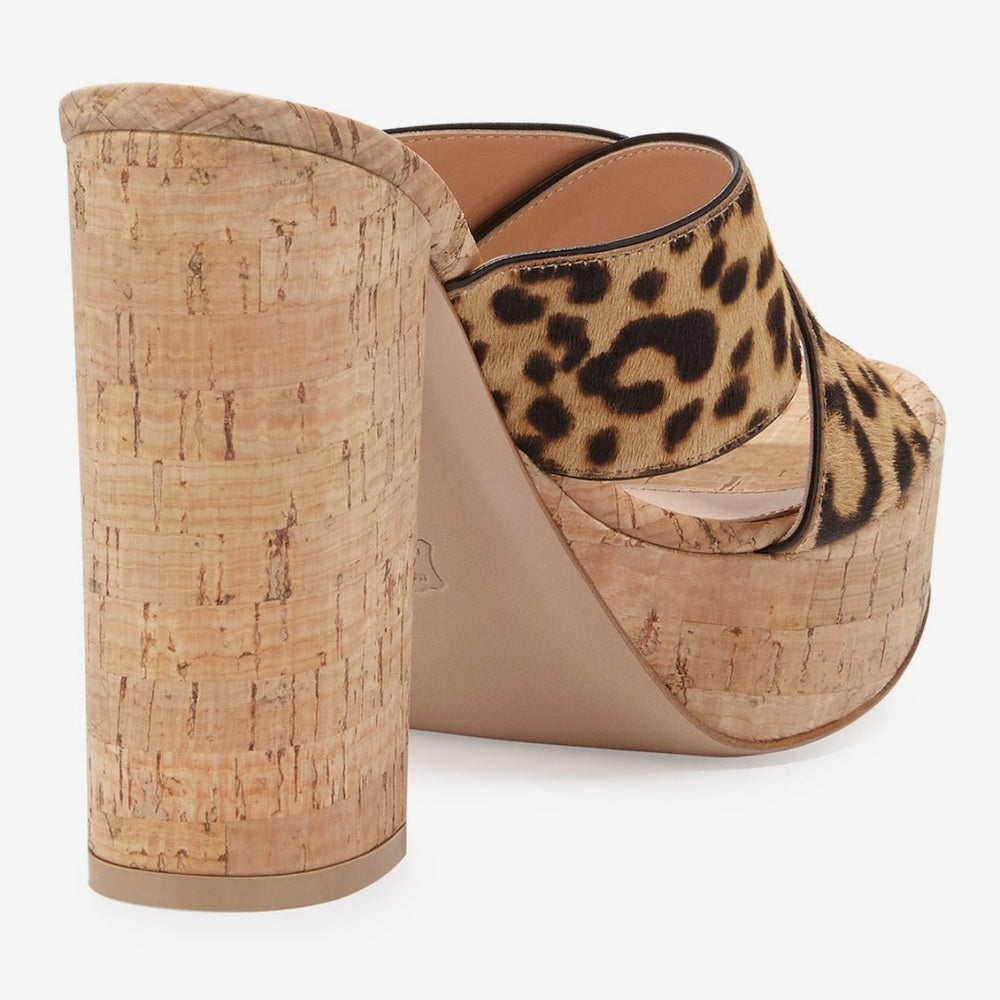 Gianvito Rossi Cassie Calf-Hair Crisscross Platform Sandals, Leopard Size 38/8