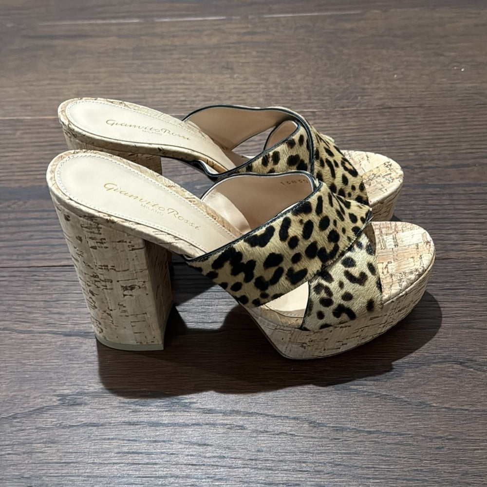 Gianvito Rossi Cassie Calf-Hair Crisscross Platform Sandals, Leopard Size 38/8