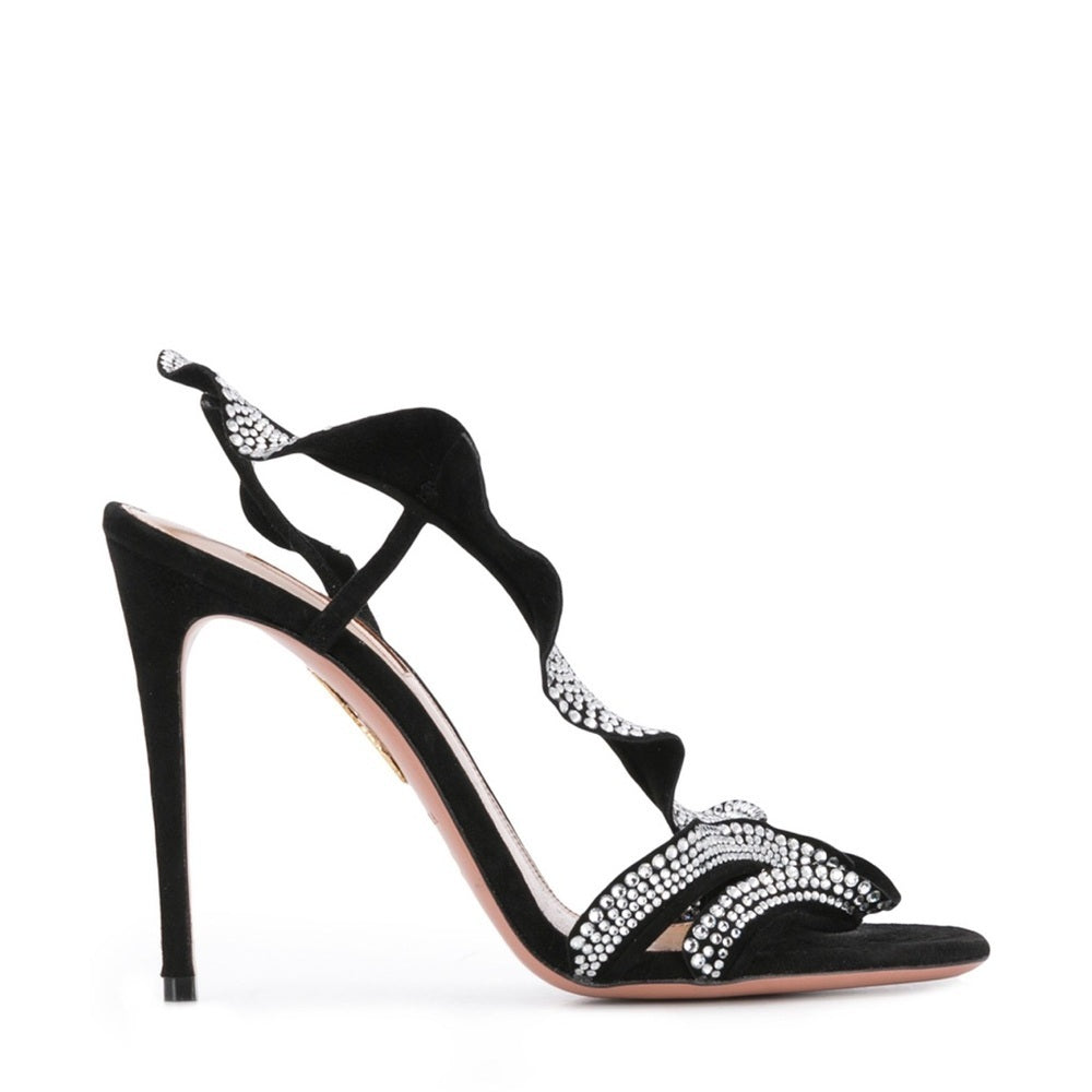 NWT Aquazzura Ruffle Black Suede Crystal Sandal Size 37.5/7.5