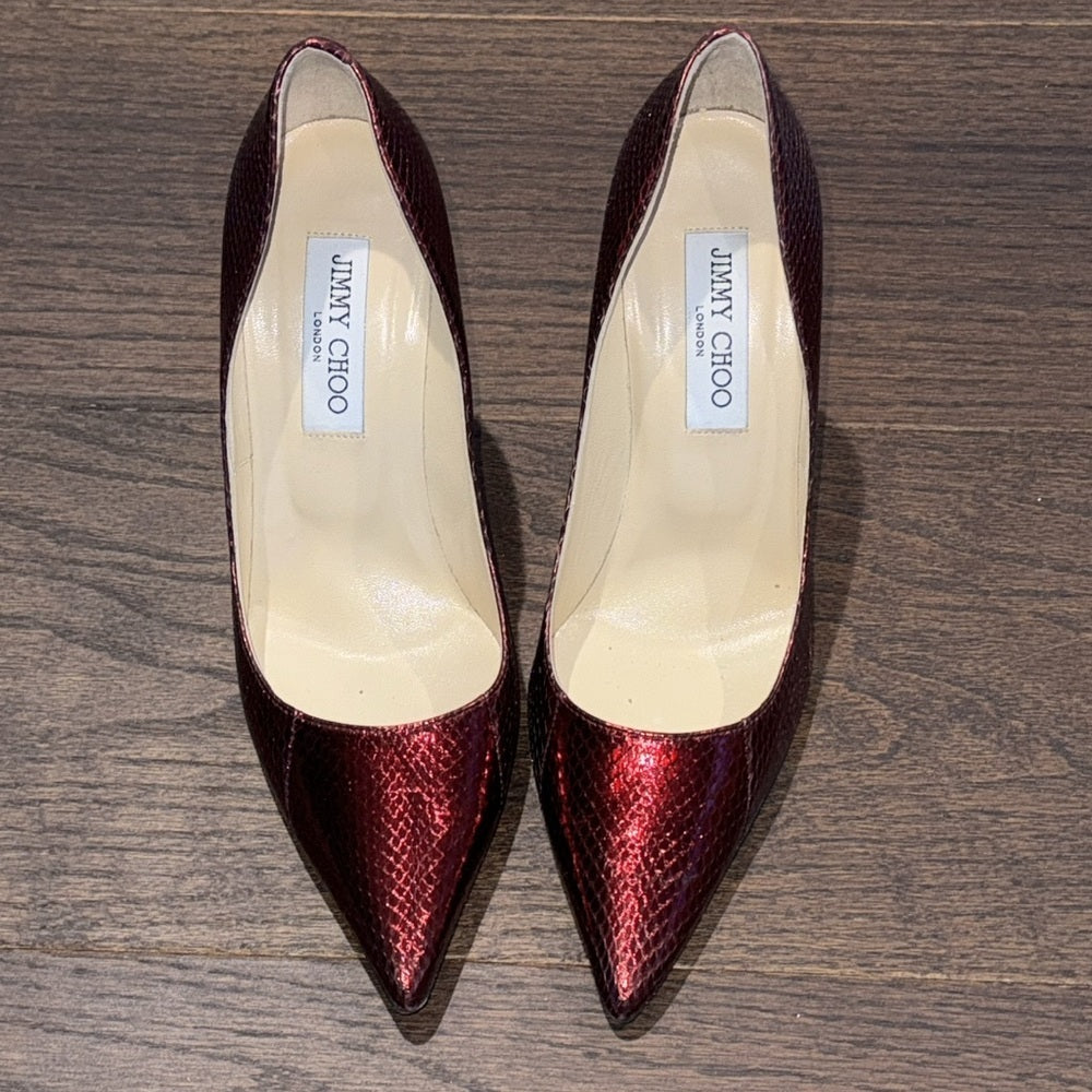 Jimmy Choo Women’s Claret Red WaterSnake Skin Embossed Leather Size 38/8