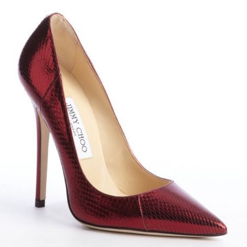 Jimmy Choo Women’s Claret Red WaterSnake Skin Embossed Leather Size 38/8