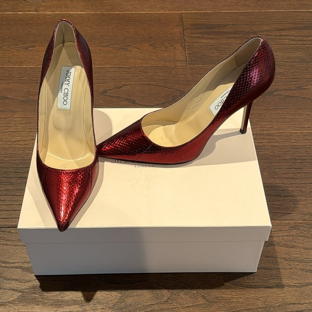 Jimmy Choo Women’s Claret Red WaterSnake Skin Embossed Leather Size 38/8