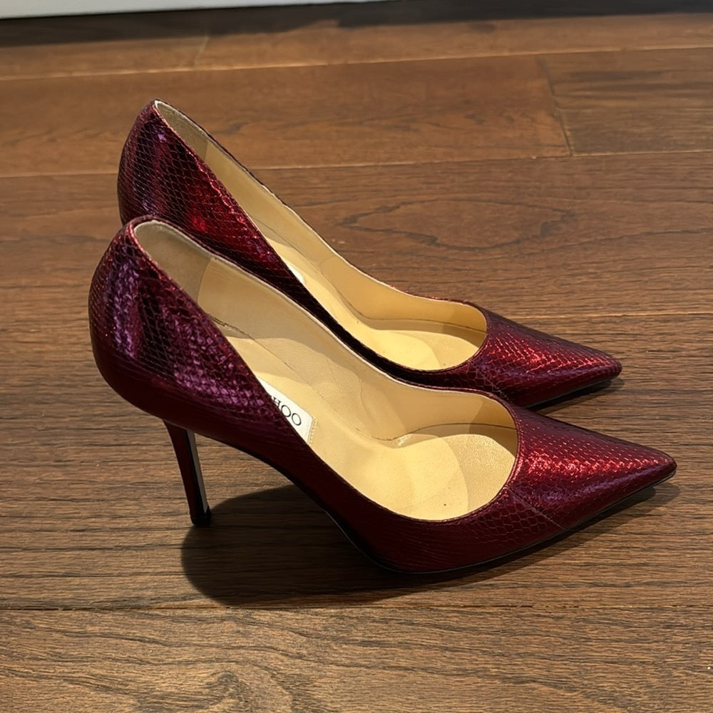 Jimmy Choo Women’s Claret Red WaterSnake Skin Embossed Leather Size 38/8