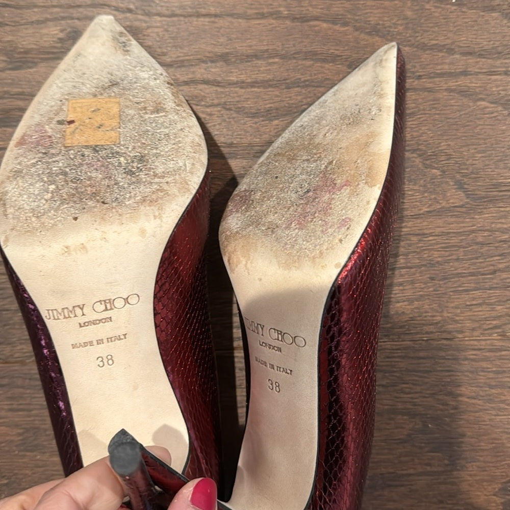 Jimmy Choo Women’s Claret Red WaterSnake Skin Embossed Leather Size 38/8