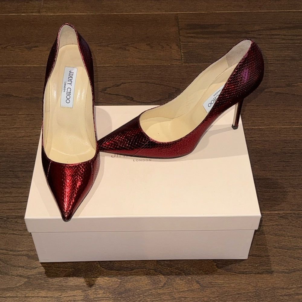 Jimmy Choo Women’s Claret Red WaterSnake Skin Embossed Leather Size 38/8
