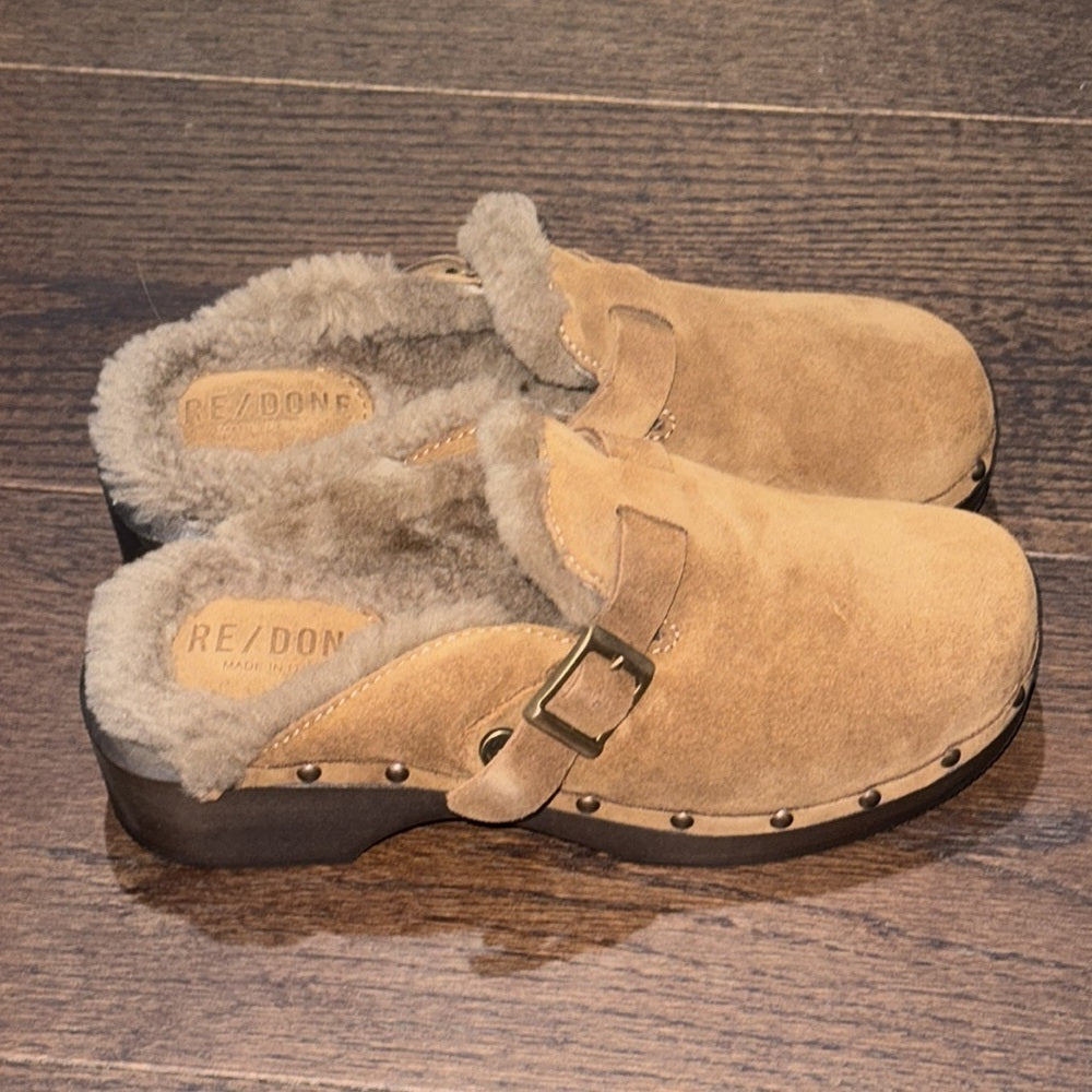 Re/Done Women’s Brown Suede and Shearling Clogs Size 37/7